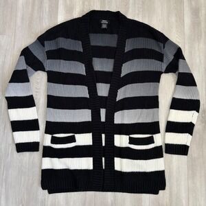 Social Collision Womens XS Striped Open Front Cardigan Black Grey White Knit